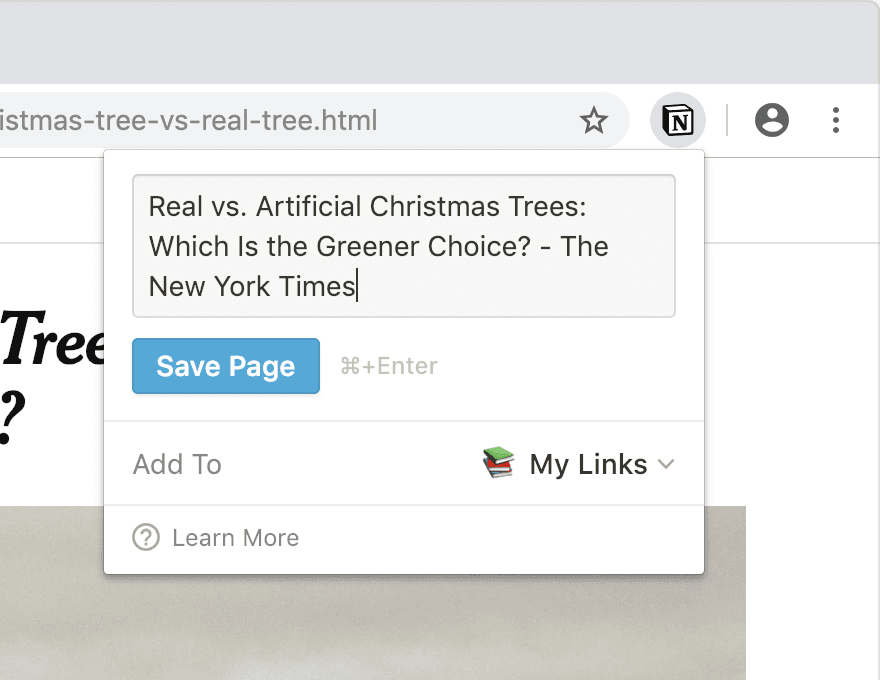 Une capture d’écran du Web Clipper enregistrant une page dans Notion