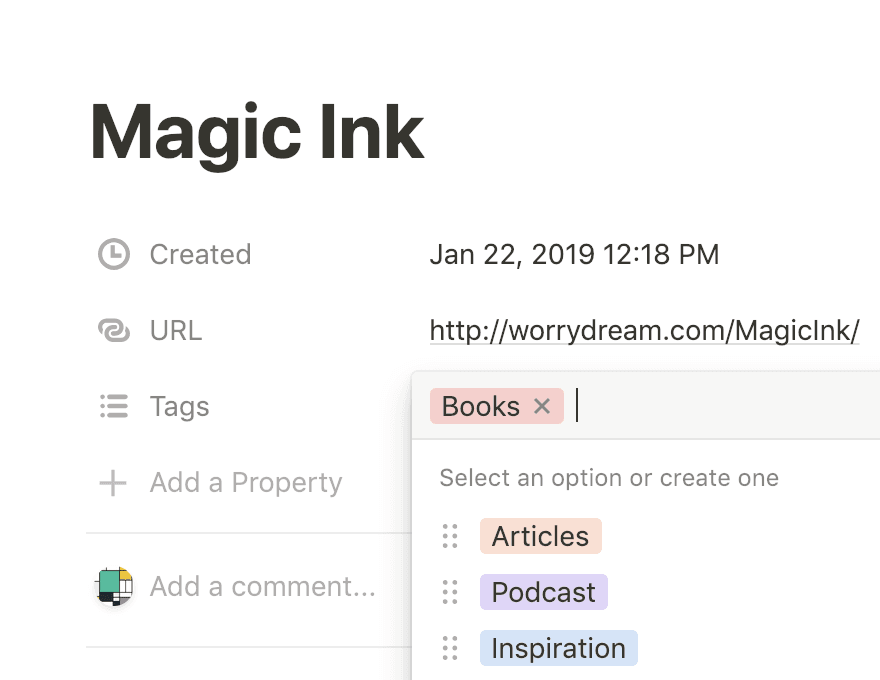 Une capture d’écran d’un menu contextuel contenant des étiquettes dans une base de données Notion