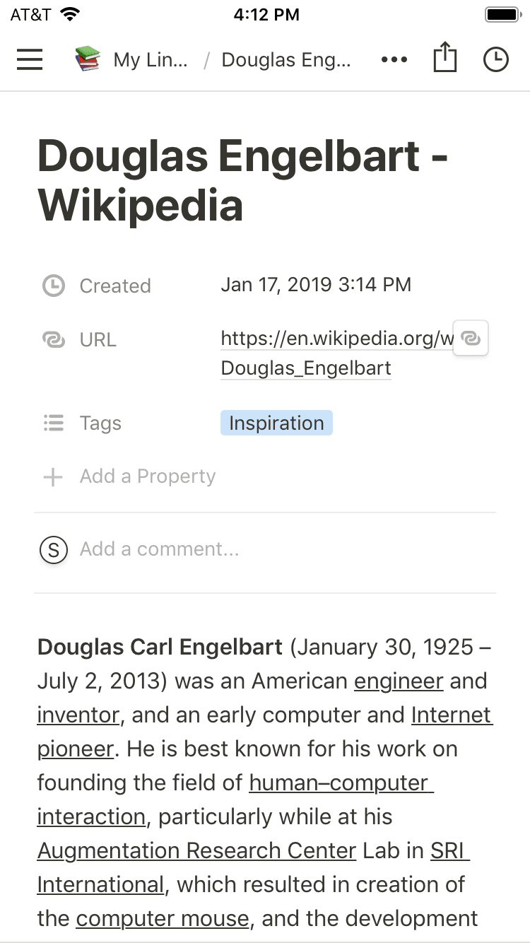 Une capture d’écran montrant un lien partagé dans un document Notion avec des propriétés