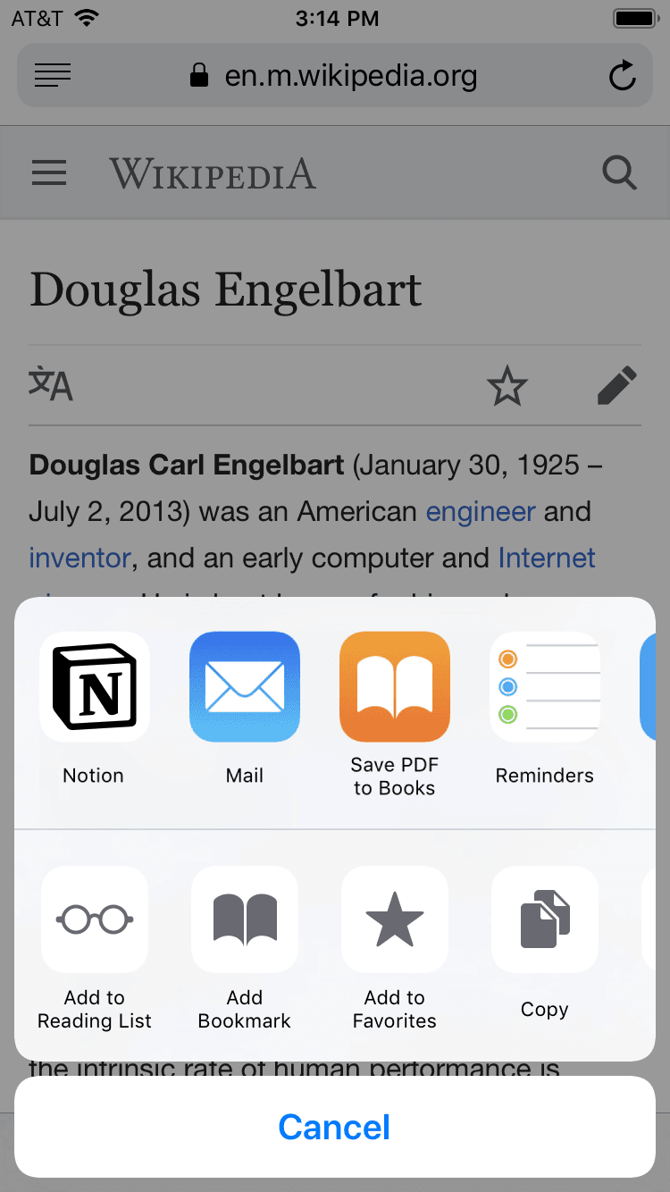 Une capture d’écran de la fonctionnalité de partage iOS montrant le menu d’enregistrement d’un lien vers Notion et d’autres applications