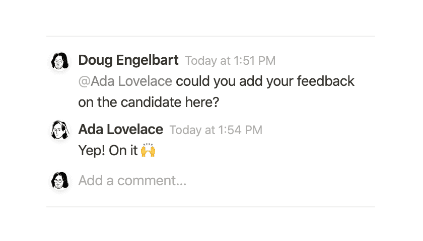 Une capture d’écran montrant un fil de commentaires entre deux utilisateurs de Notion