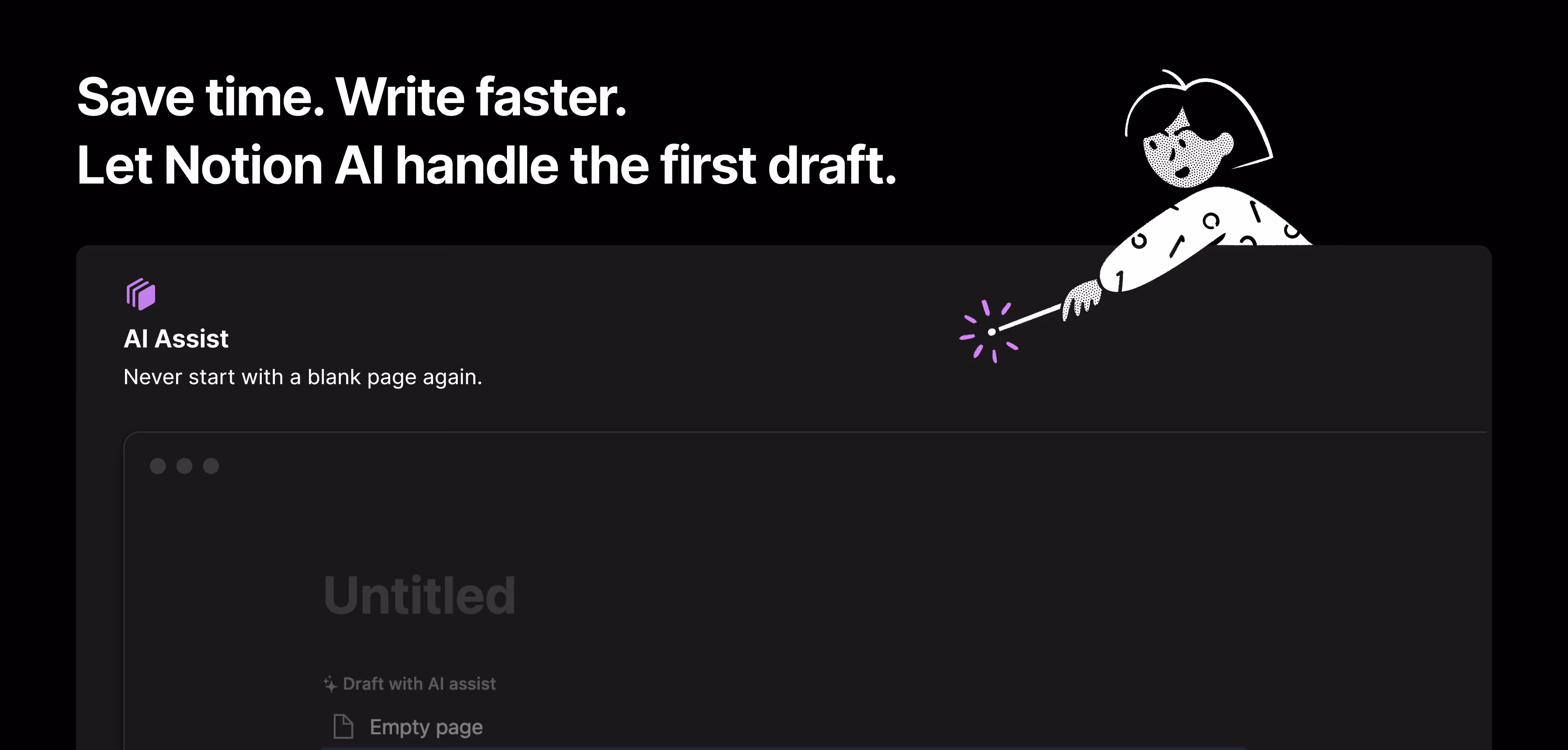 Bannière centrale de la page d’accueil de l’IA de Notion en novembre 2022.