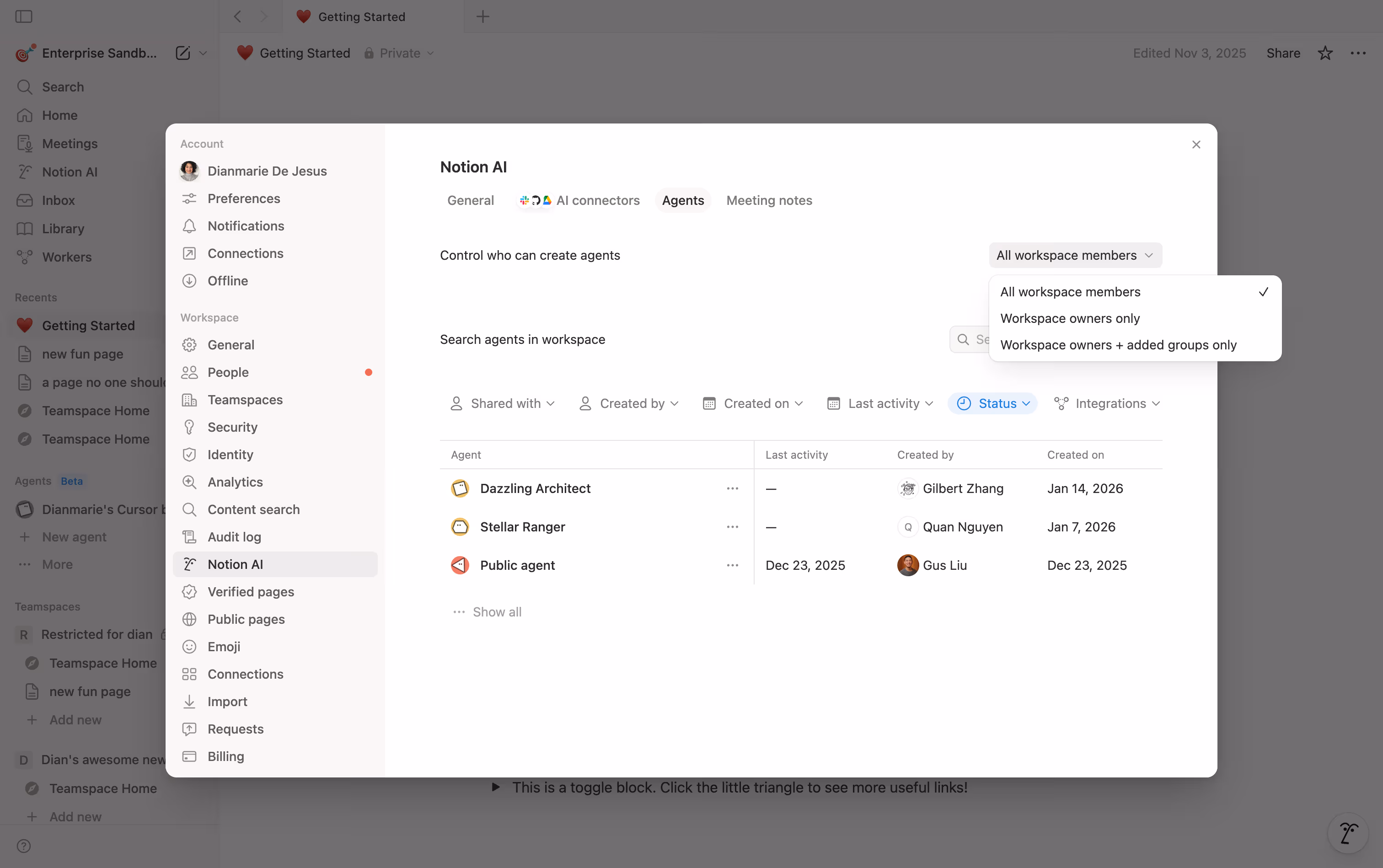 Paramètres de création d’agents dans l’IA de Notion.