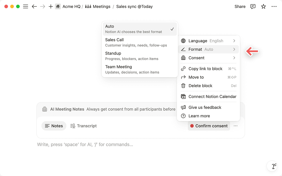 Choisissez le format de votre réunion afin que l’IA de Notion puisse organiser votre discussion plus efficacement.