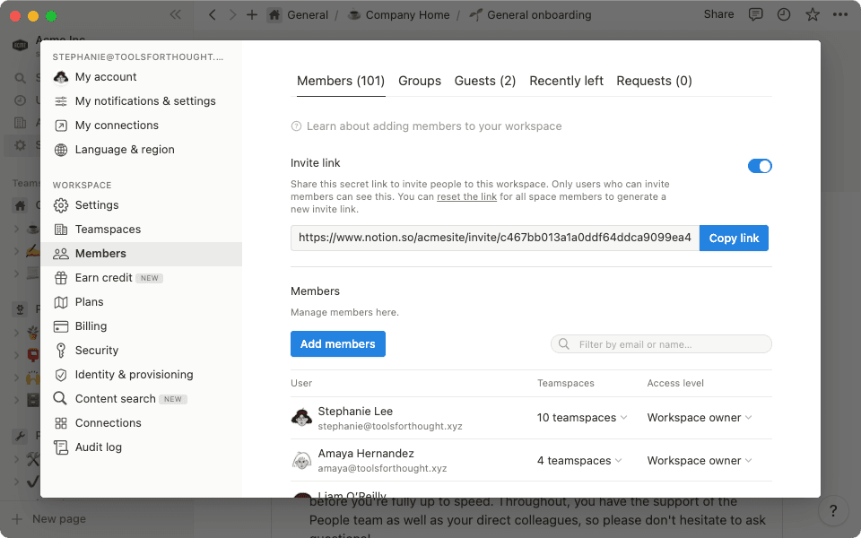 Le menu « Paramètres et membres » vous donne accès à tous les paramètres de l’espace de travail pour personnaliser Notion en fonction de vos besoins.