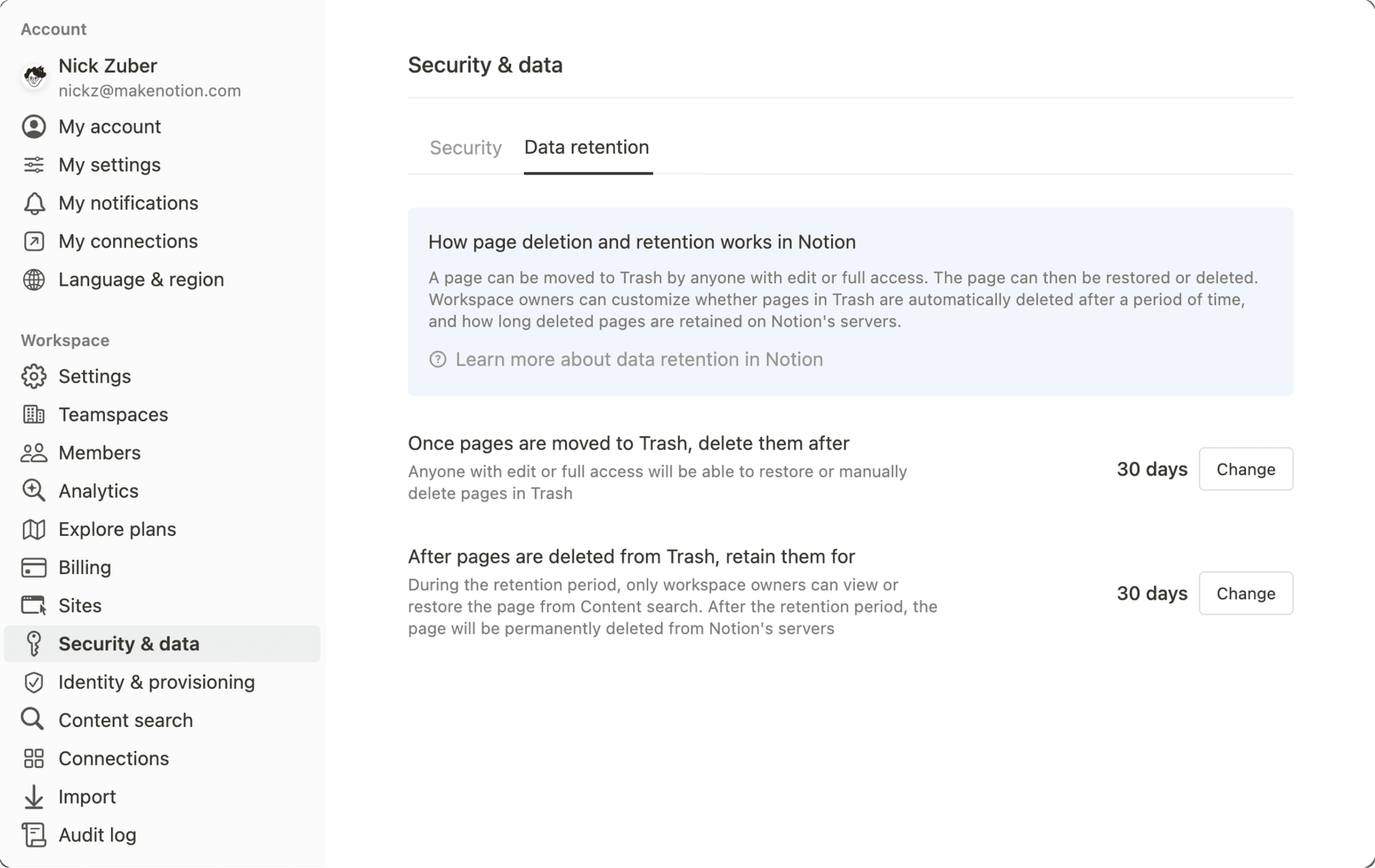 hc : paramètres de conservation des données personnalisés