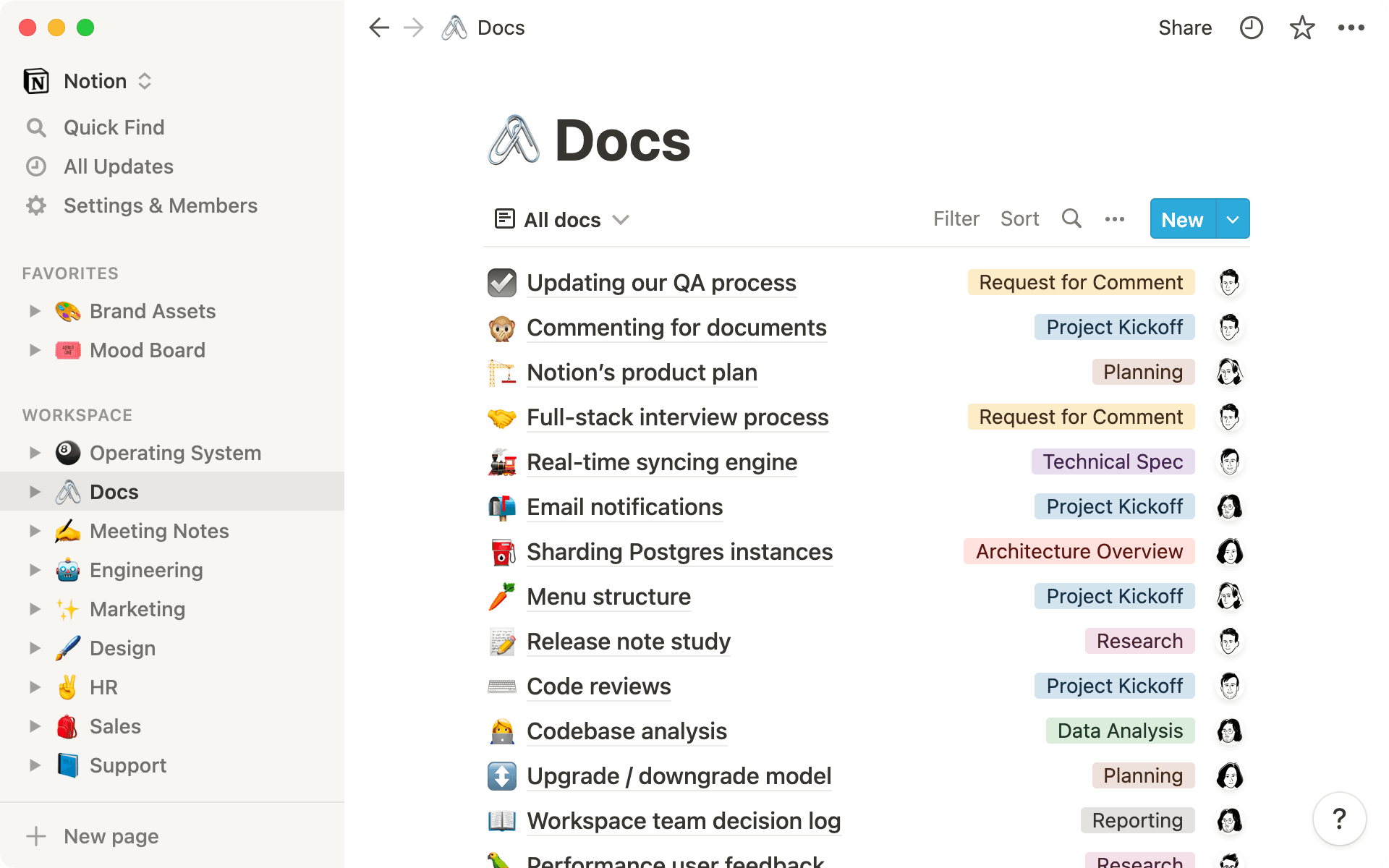 A fictionalized version of Notion’s docs database, where entries are tagged by type.