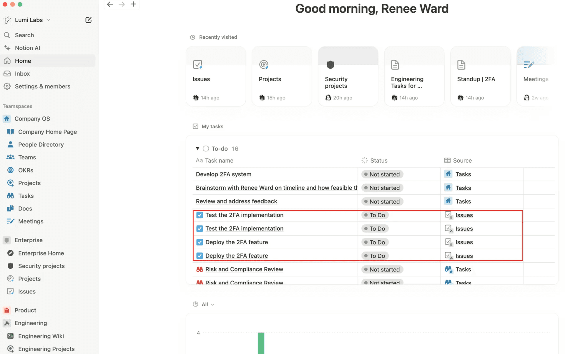 Trouvez les tickets synchronisés Jira qui vous sont attribués sous Mes tâches dans votre page d’accueil Notion