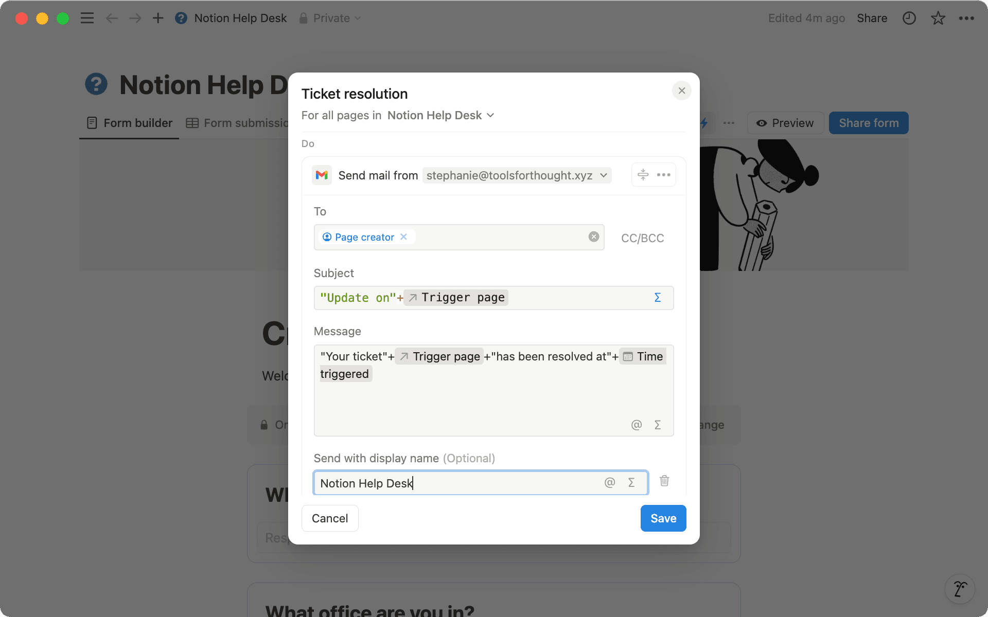 Personnalisez les sections « Objet » et « Message » de votre notification à l’aide de formules.