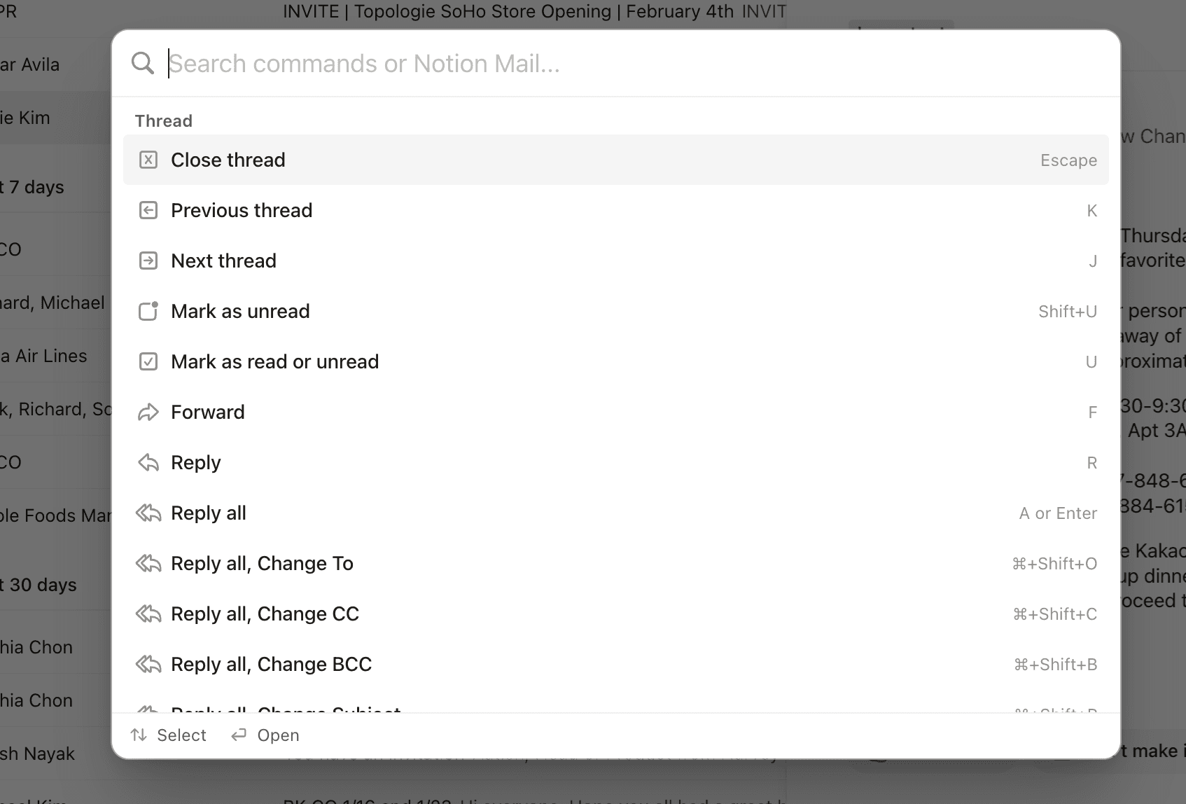 aide : raccourcis dans Notion Mail