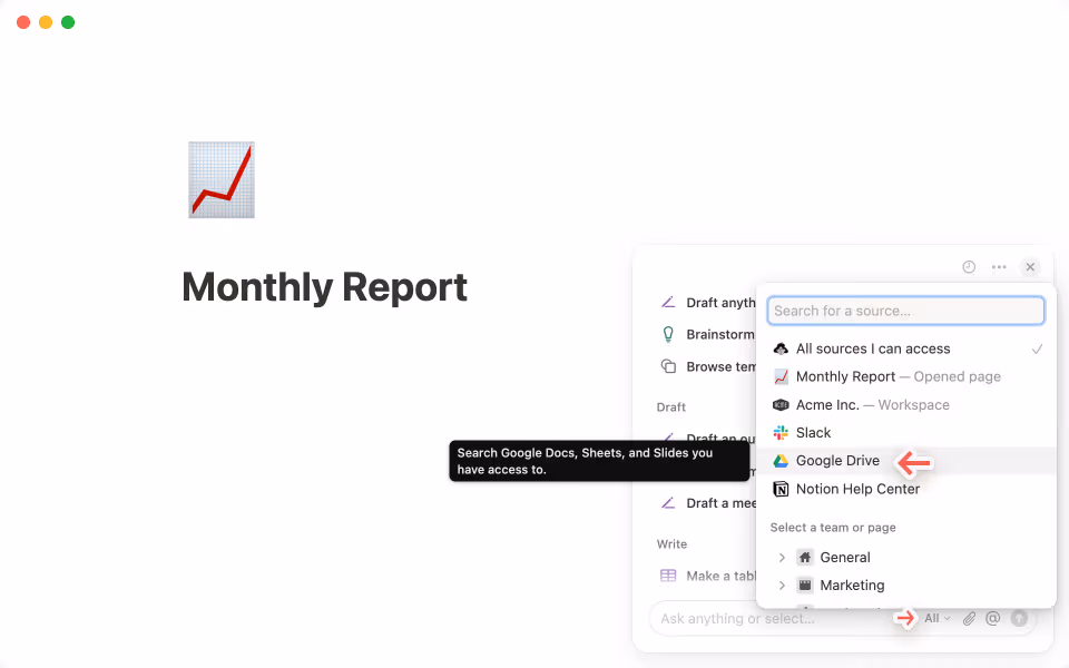 cliquez sur le menu à trois points --- dans le coin supérieur droit du chat de Notion AI pour vous connecter à Google Drive.