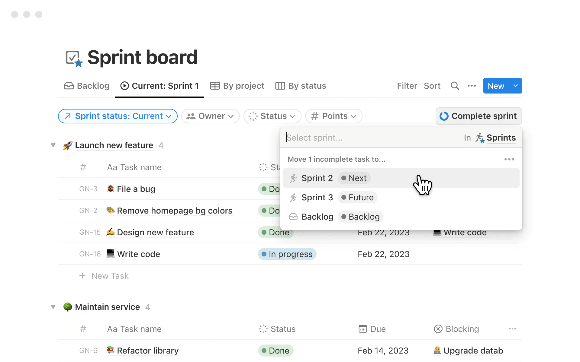 A sample sprint board in Notion