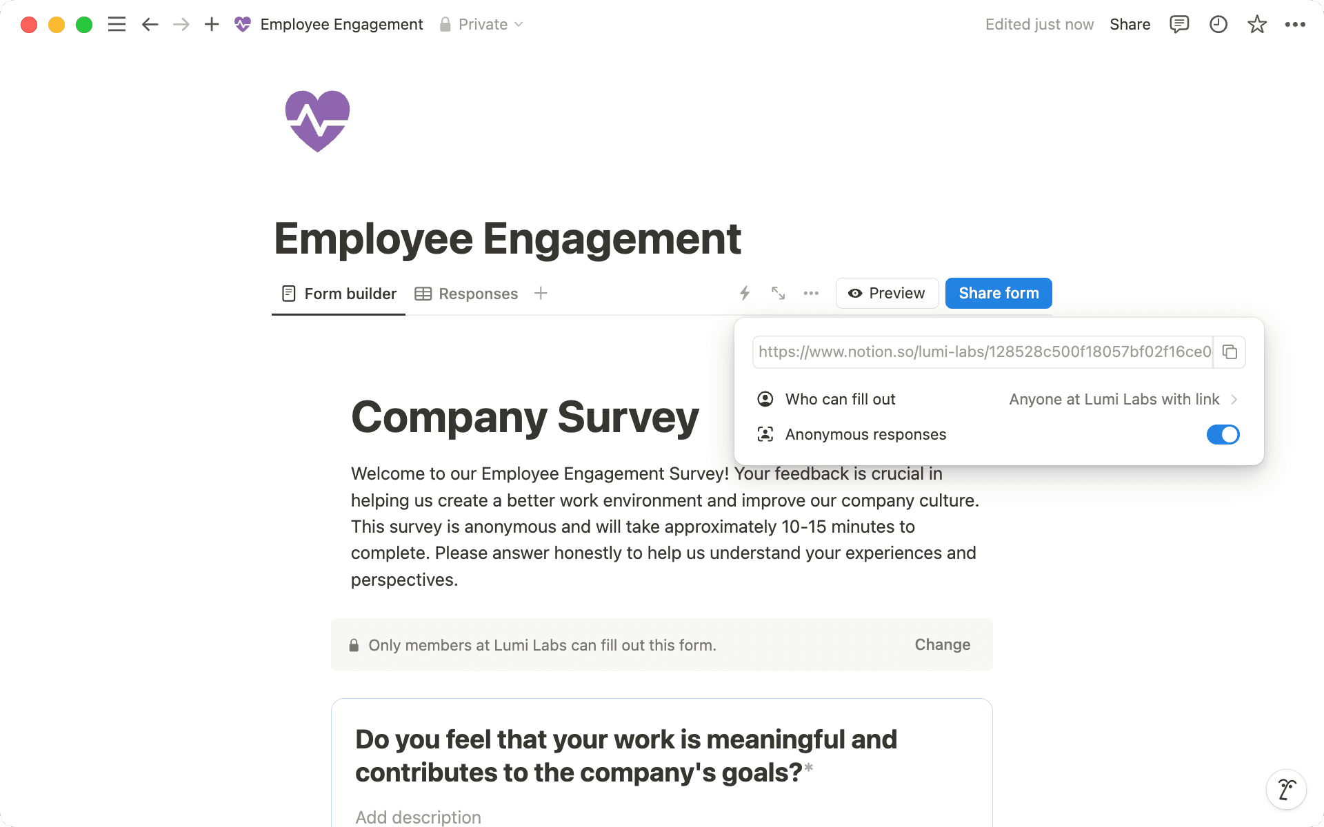 Activez l’option « Réponses anonymes » lorsque vous sélectionnez « Partager le formulaire ».