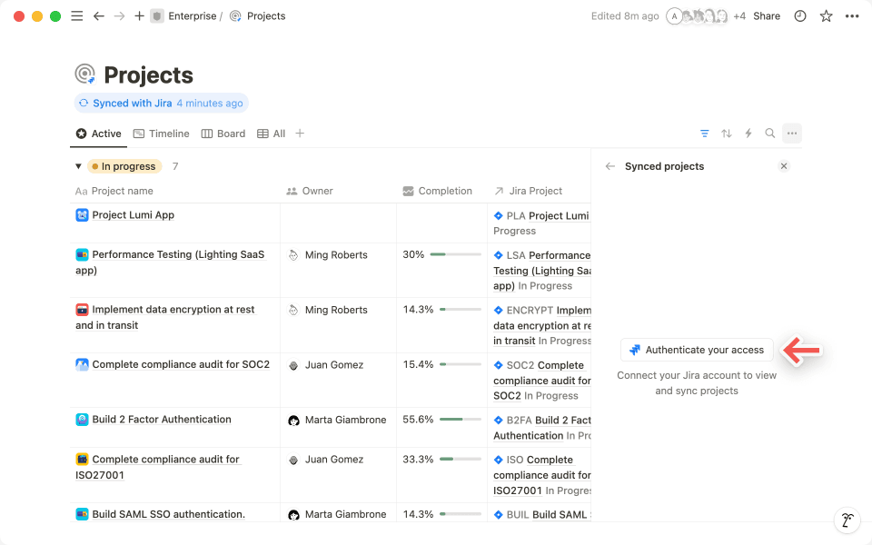 Cliquez sur « Authentifier votre accès » pour vérifier votre identité et transférer les projets Jira vers Notion