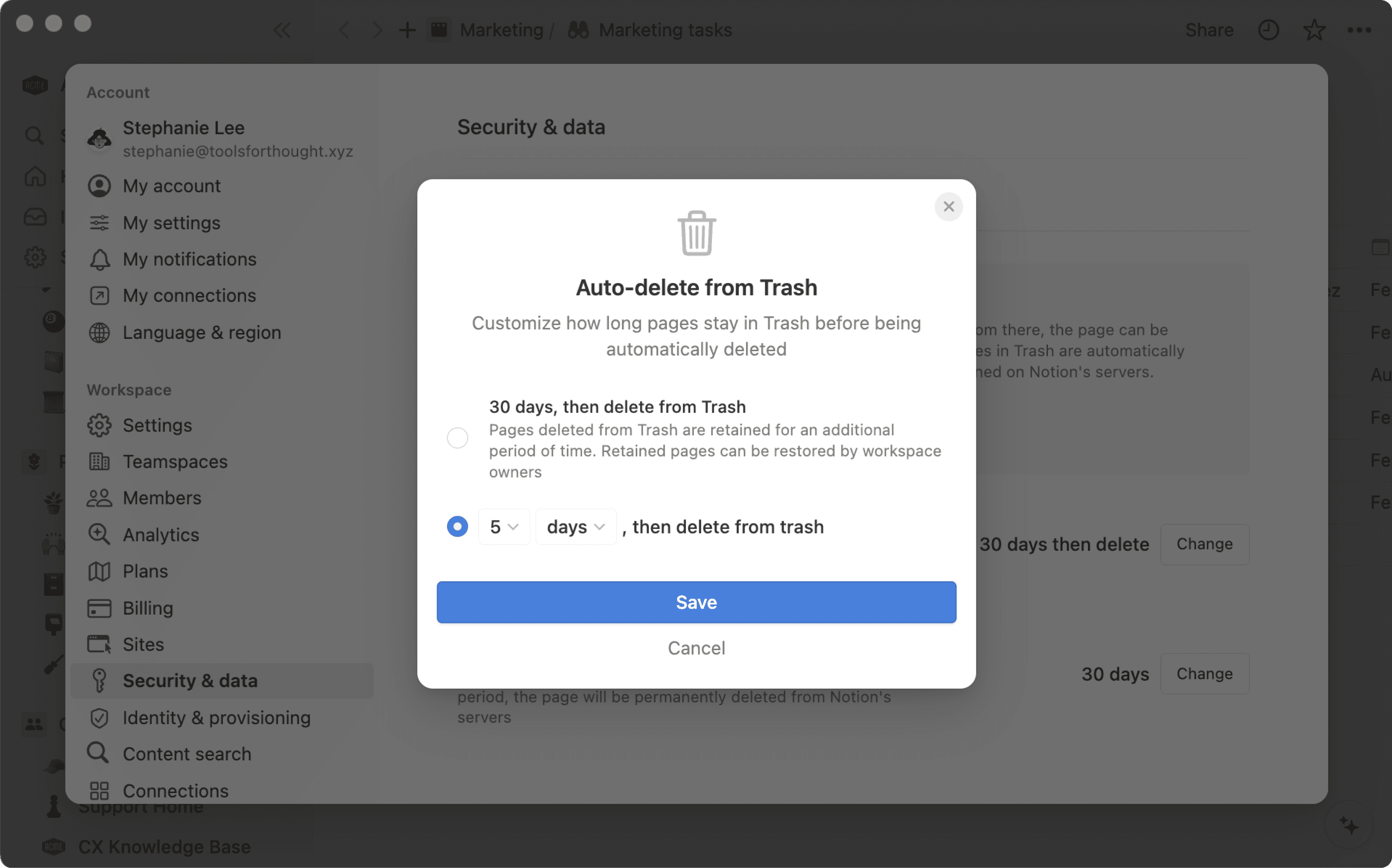 aide : conservation des données personnalisées — paramètres de suppression de page